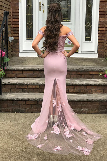 Beautiful Off-the-shoulder Mermaid Lace Appliques Pearl Pink Bridesmaid Dress with Belt