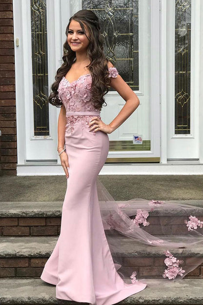 Beautiful Off-the-shoulder Mermaid Lace Appliques Pearl Pink Bridesmaid Dress with Belt