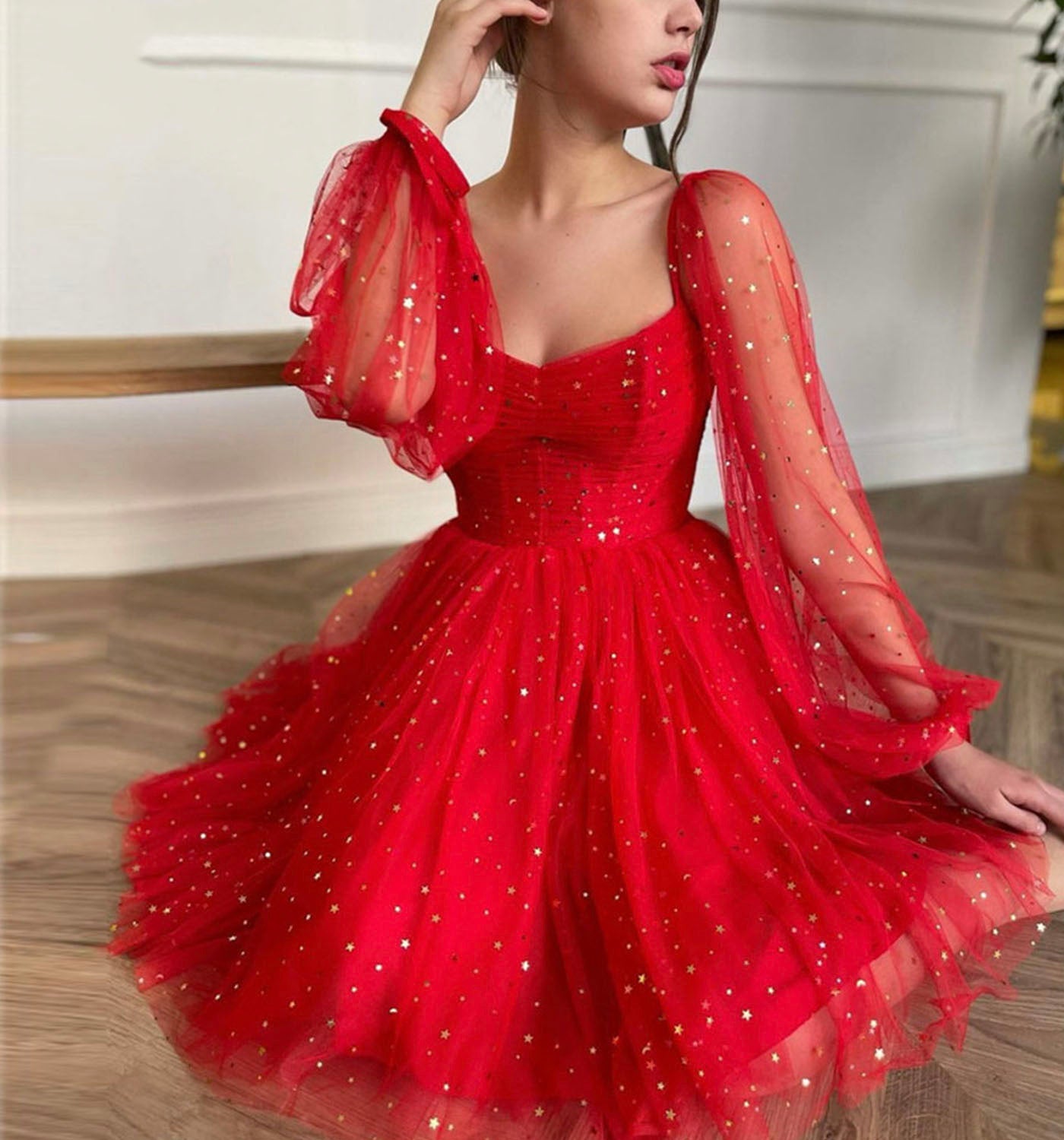 Red tulle short prom dress with long sleeve cocktail dress  8980