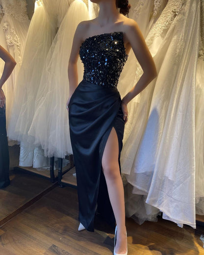 Beautiful Black Prom Dress Sequins Sleeveless Strapless With High Slit YL0308