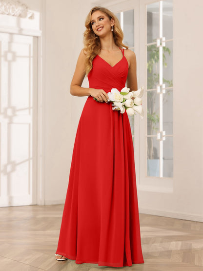 A-Line/Princess V-Neck Sleeveless Floor-Length Bridesmaid Dresses with Ruffles