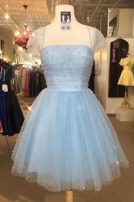 Cute Light Sky Blue Homecoming Dresses with Cap Sleeves gh914