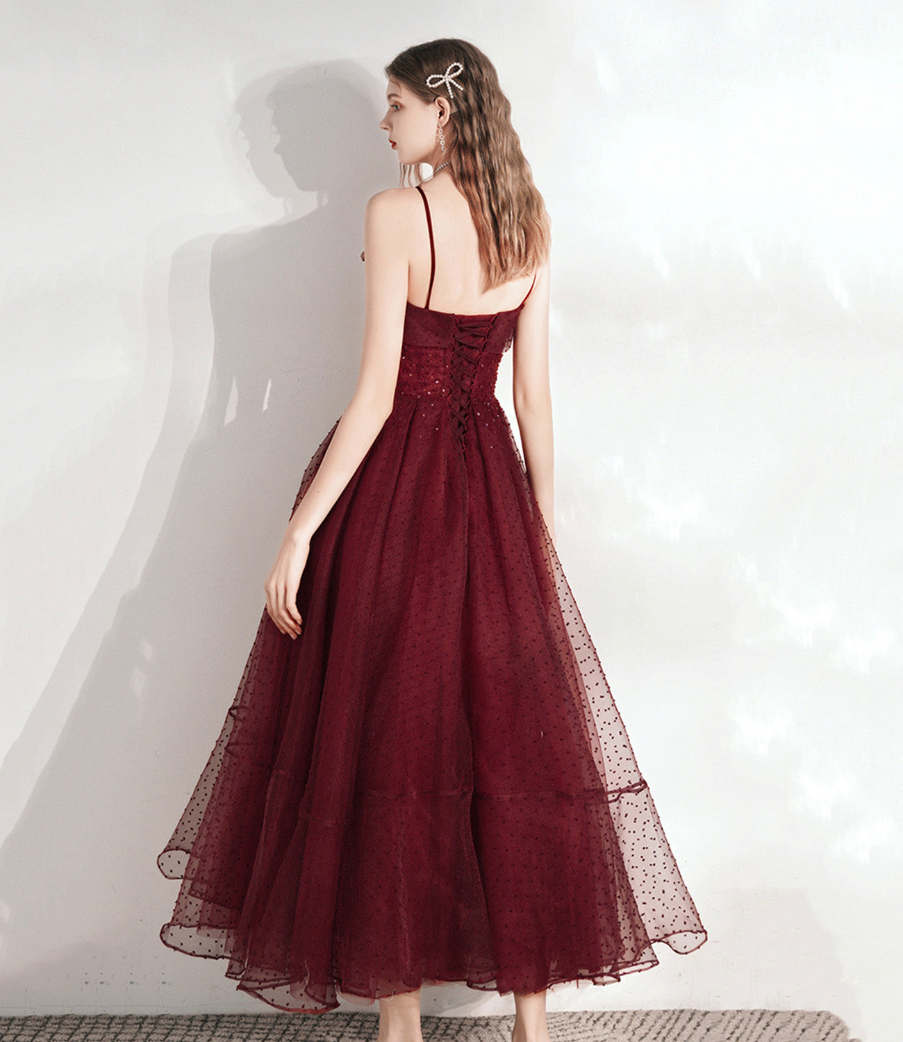 Burgundy tulle beads short prom dress homecoming dress  8793