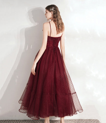 Burgundy tulle beads short prom dress homecoming dress  8793