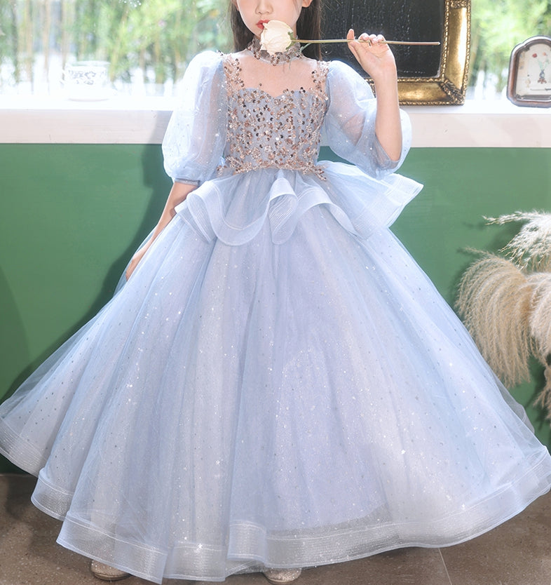 Ball Gown High Neck 3/4 Sleeves Flower Girl Party Dress with Rhinestones