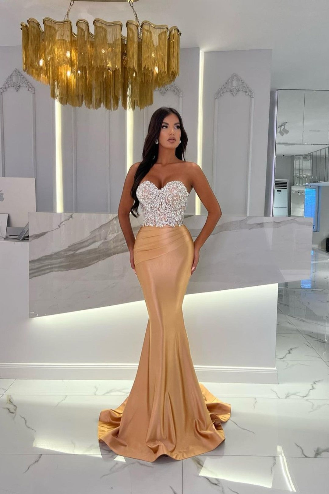 Prom Dress Satin Gold Sweetheart Sleeveless StraplessWith Rhinstone Mermaid YL0278