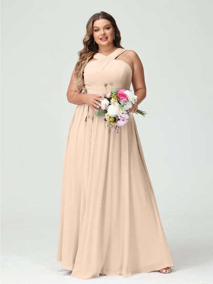 A-Line/Princess/Princess Criss Cross Sleeveless Chiffon Plus Size Bridesmaid Dresses with Sash