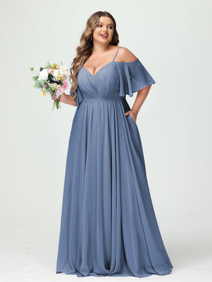 A-Line/Princess/Princess Spaghetti Straps Half Sleeves Chiffon Plus Size Bridesmaid Dresses with Pockets