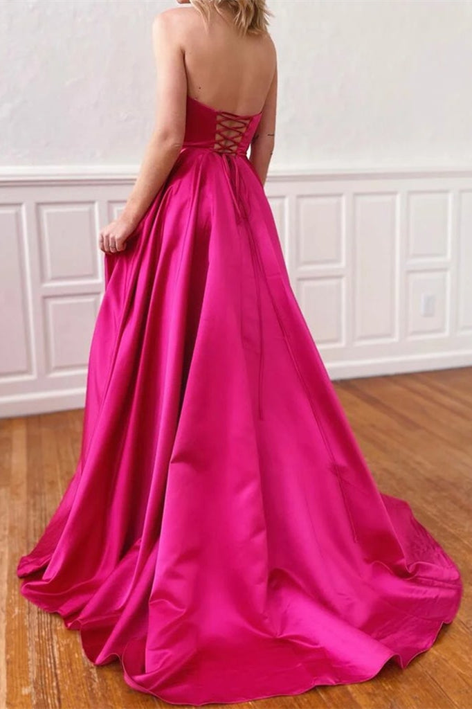 Fuchsia Strapless Prom Dress With Pockets Side Split PD0378