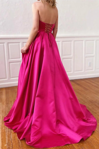 Fuchsia Strapless Prom Dress With Pockets Side Split PD0378