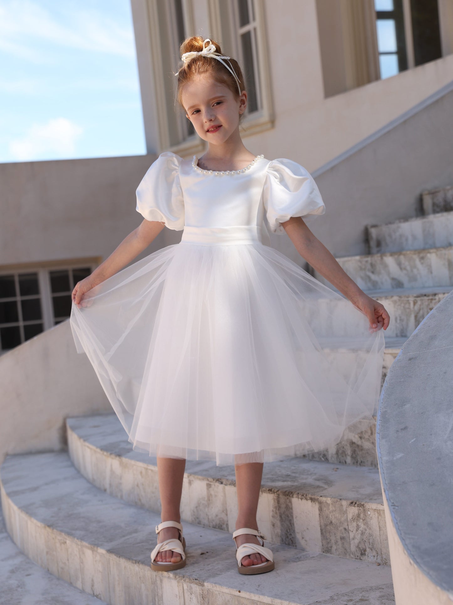 Ball-Gown Satin Tulle Scoop Short Sleeves Tea-Length Flower Girl Dresses With Bowknot