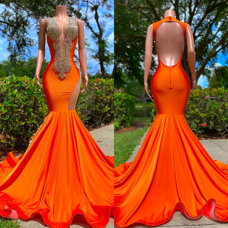 Bright Orange Prom Dress V Neck Mermaid Sleeveless Appliques YL0108