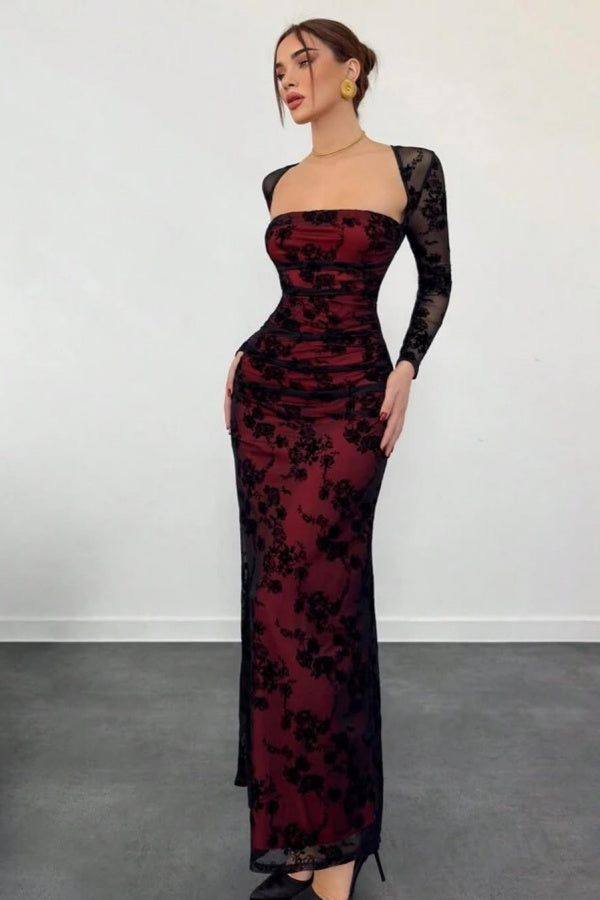 Red Lining Slim Fit Black Lace Long Sleeves Prom Dress ZT0491