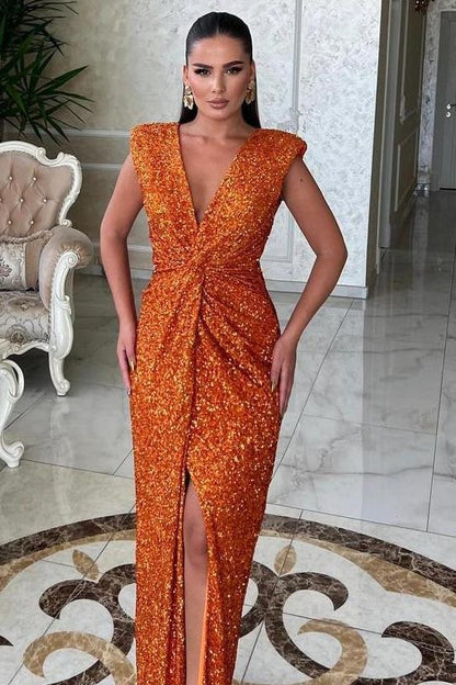 edgynewlook Stunning Sequins Bright Orange Sleeveless Deep V Neck Split Prom Dress with Pleated