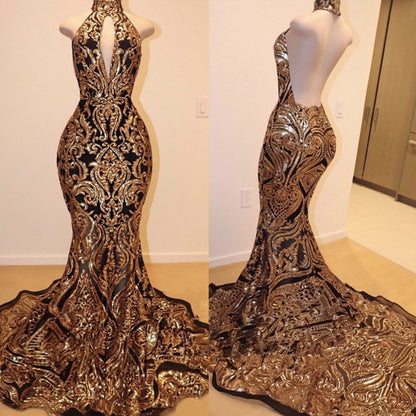 Halter High Neck Mermaid Prom Dress With Gold Appliques PD0876