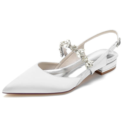 Women's Wedding Shoes Silk Satin Rhinestone Low Pointed Toe Buckle Bridal Shoes