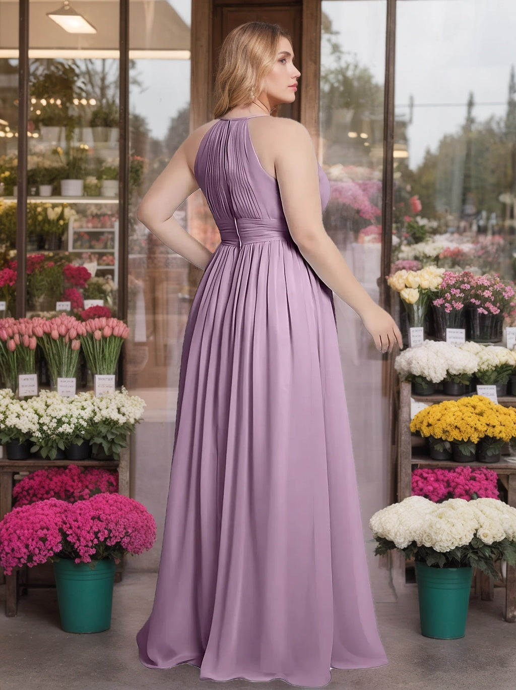 A-Line/Princess Halter Sleeveless Floor-Length Unique Plus Size Bridesmaid Dresses