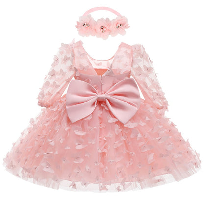 A-Line/Princess Scoop Neck 3/4 Length Sleeves Knee-Length Flower Girl Dress with 3D Butterfly