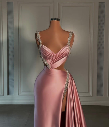 Glamorous Pink Prom Dress Sweetheart Spaghetti Strap With High Slit Trail YL0288