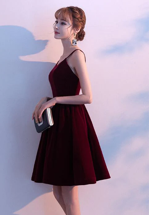 Lovely Velvet Burgundy Short Straps Homecoming Dress, Lovely Short Wedding Party Dress gh428