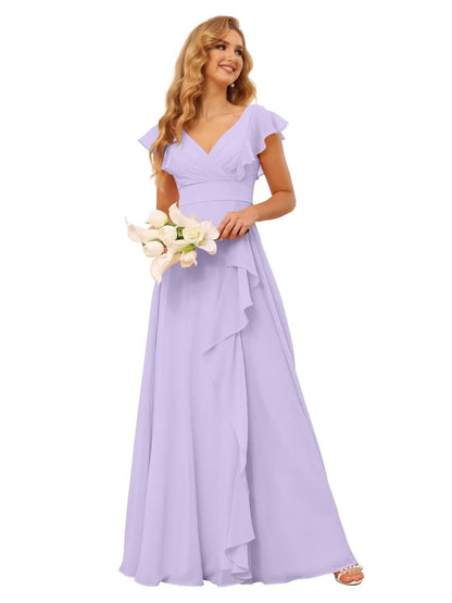 A-Line/Princess  V Neck Short Sleeve Floor Length  Bridesmaid Dresses With  Ruffled Split