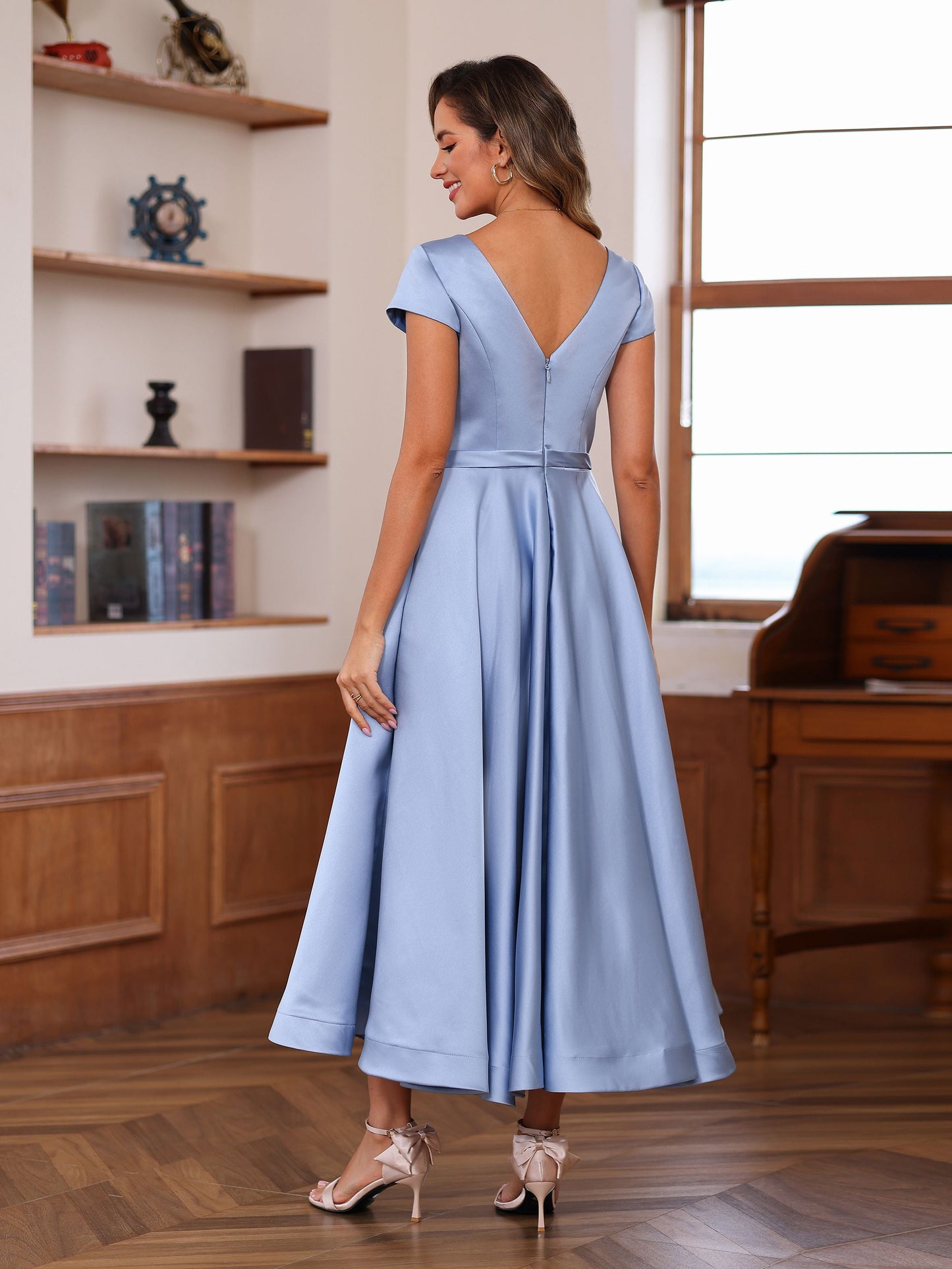 A-Line/Princess V-Neck Short Sleeves Ankle-Length Mother of the Bride Dresses With Pockets & Ruffles