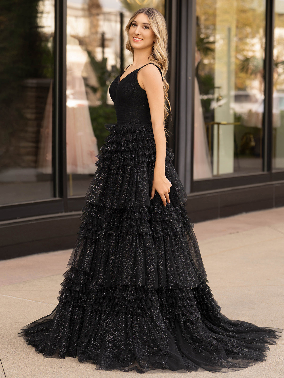 Emerson |A-Line Deep V Neck Tiered Long Glitter Tulle Prom Dress