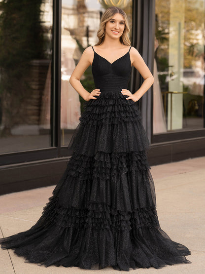 Emerson |A-Line Deep V Neck Tiered Long Glitter Tulle Prom Dress