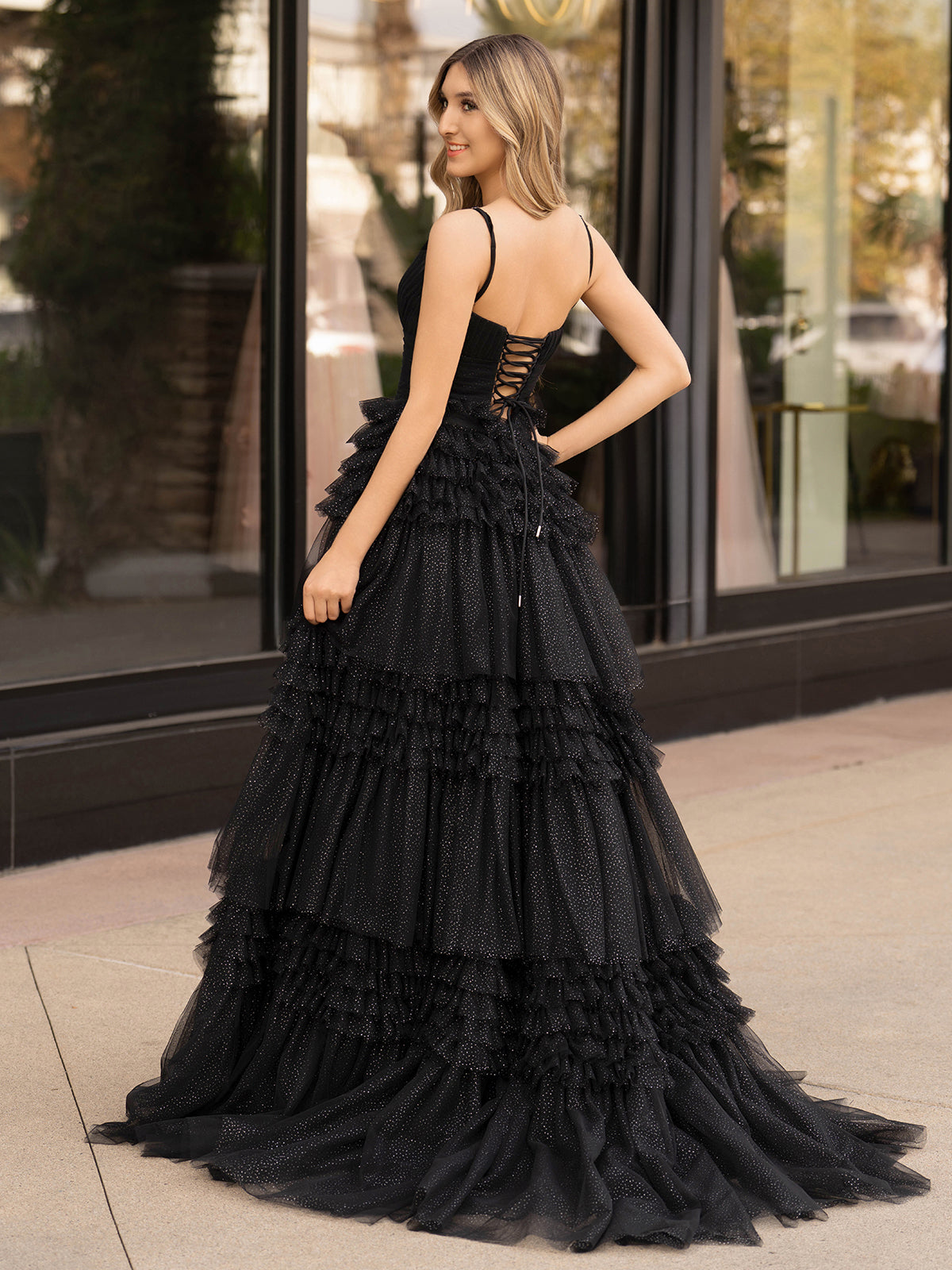 Emerson |A-Line Deep V Neck Tiered Long Glitter Tulle Prom Dress