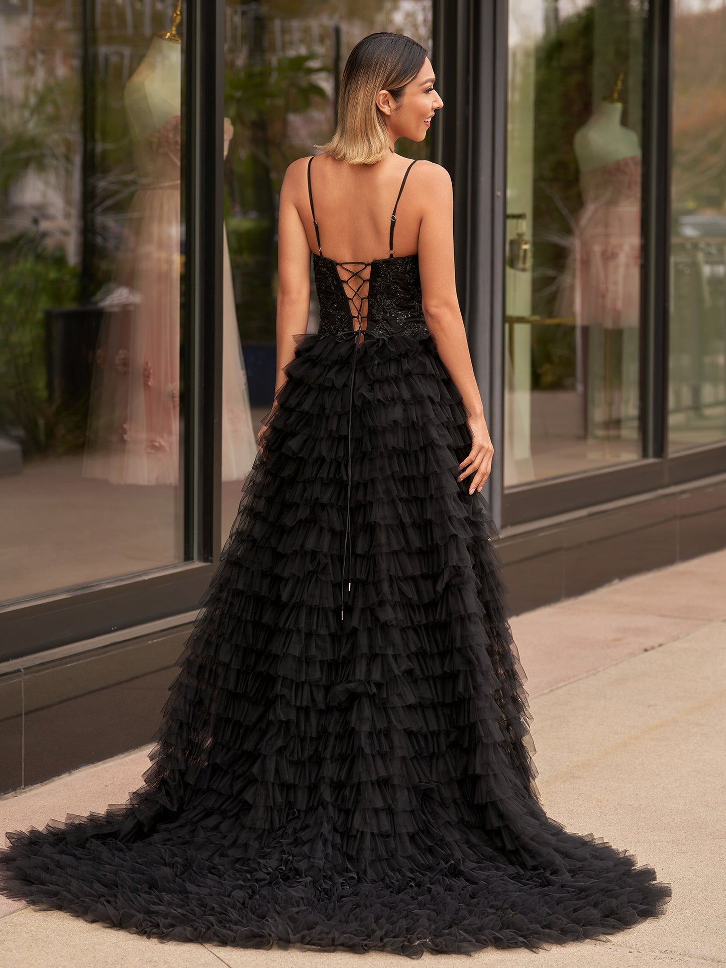 Jordan | A-Line Tiered Sequins Tulle Long Prom Dress