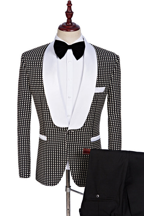 Black and White Shawl Lapel Wedding Suits Fashion Dot Prom Tuxedo