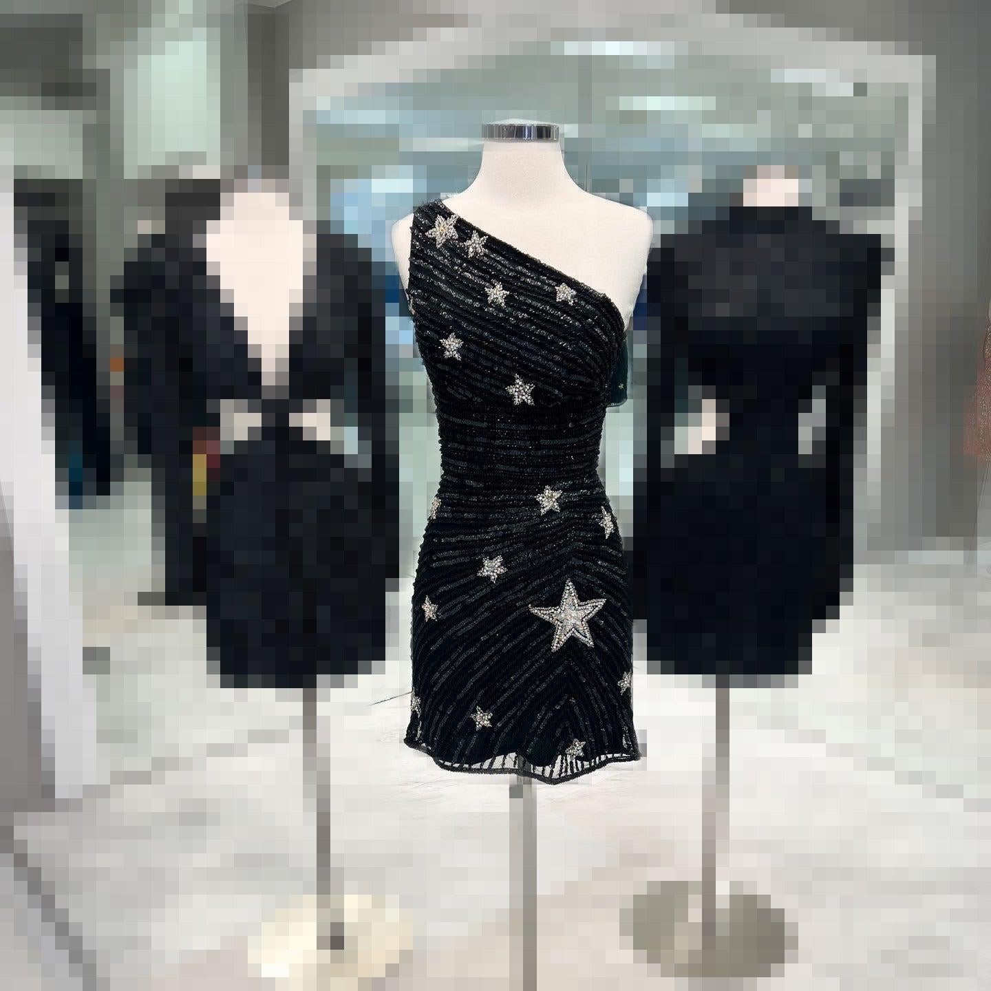 Lima | Black One Shoulder Sequin Star Above Keen Homecoming Dress