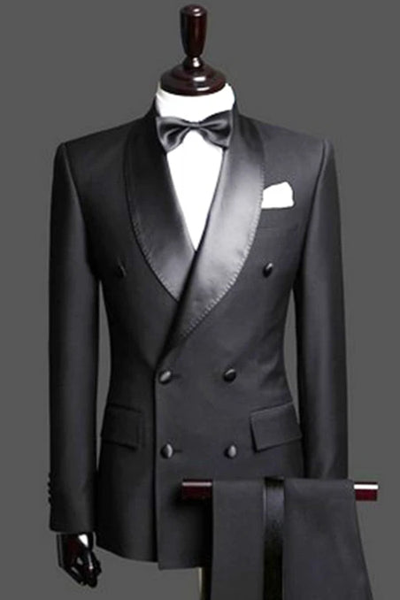 Black Double Breast Wedding Suits Tuxedos Satin Lapel Two-pieces(Jacket pants) for wedding/prom