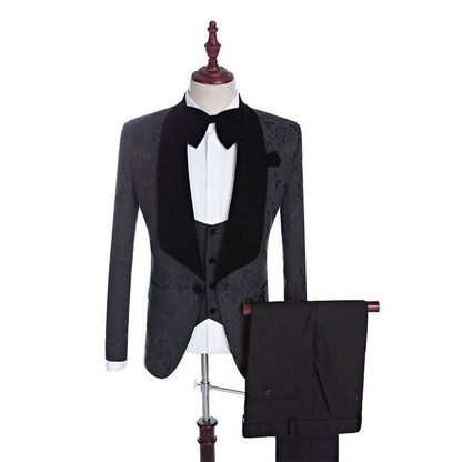 Black Jacquard Three-pieces Shawl Lapel Wedding Suits for Men