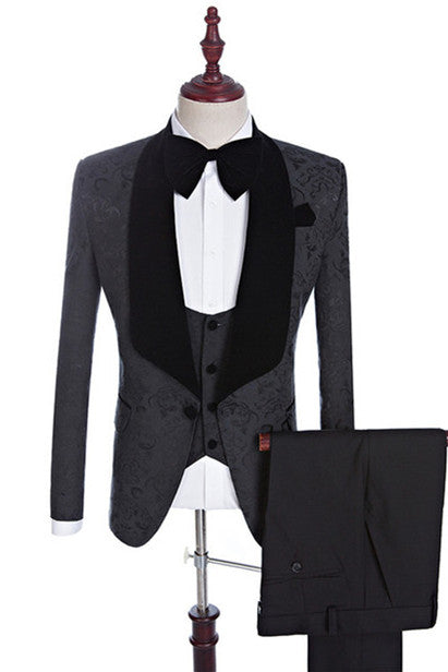 Black Jacquard Three-pieces Shawl Lapel Wedding Suits for Men