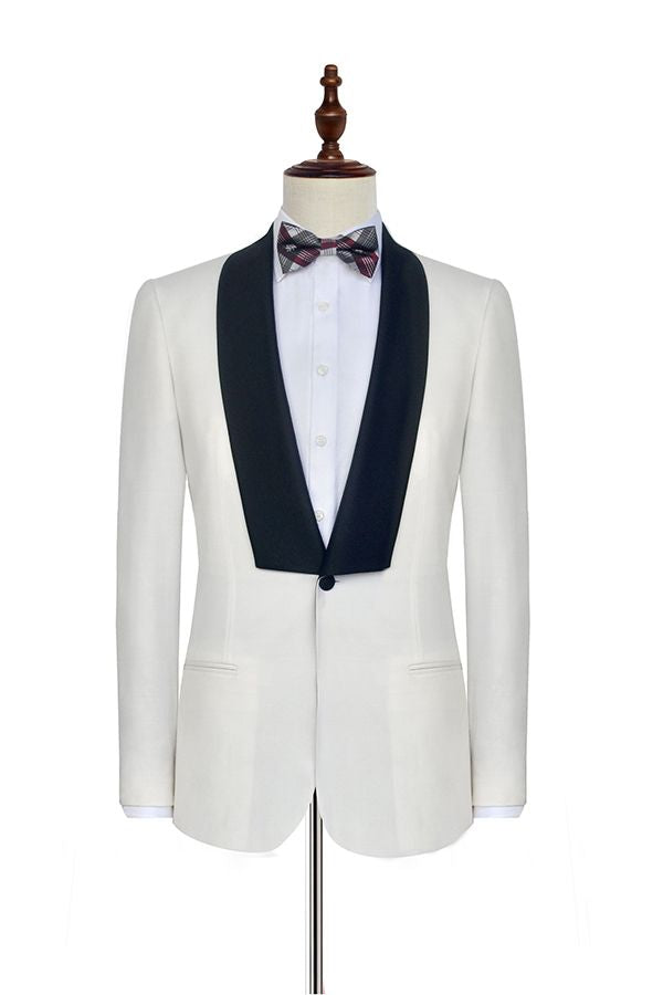 Black Knife Collar Well-cut White Wedding Suits for Men One Button Wedding Tuxedos