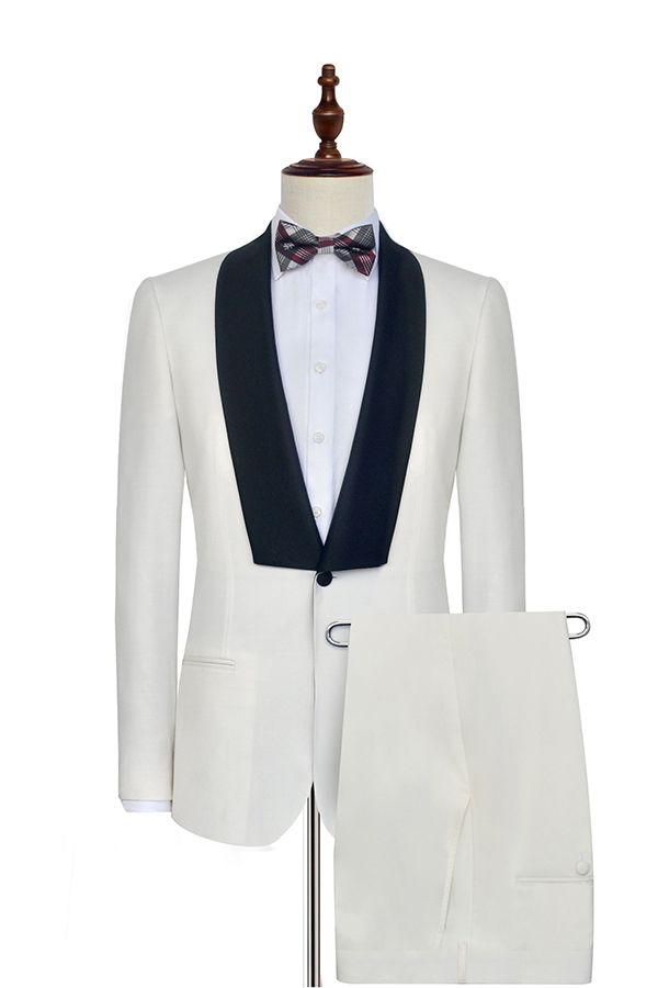 Black Knife Collar Well-cut White Wedding Suits for Men One Button Wedding Tuxedos