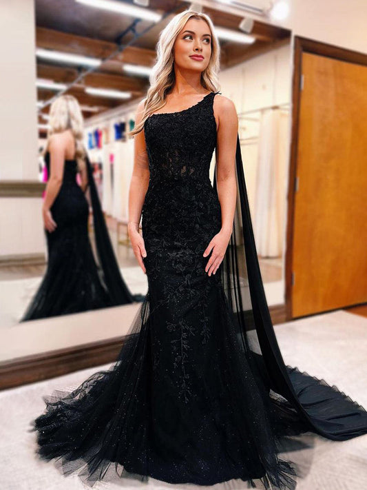 Black One Shoulder Appliques Mermaid Long Prom Dresses