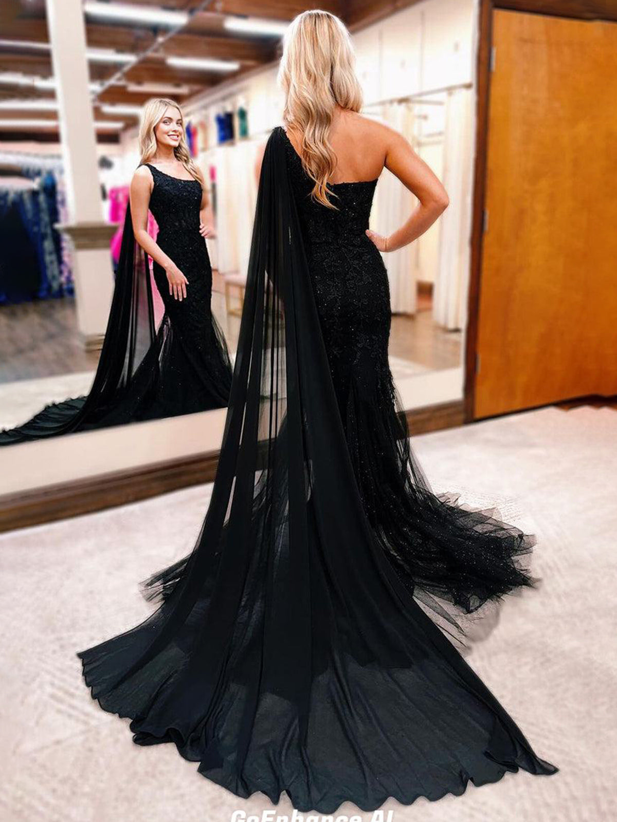 Black One Shoulder Appliques Mermaid Long Prom Dresses