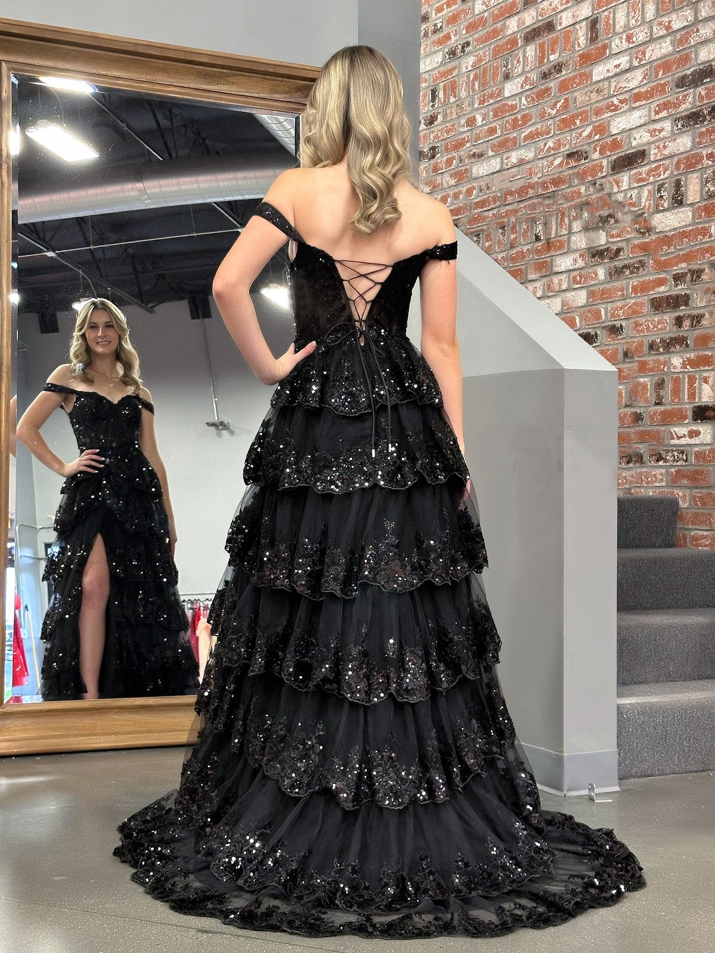 Black Princess A Line Off the Shoulder Corset Prom Dress with Lace Ruffles