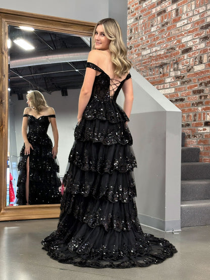 Black Princess A Line Off the Shoulder Corset Prom Dress with Lace Ruffles