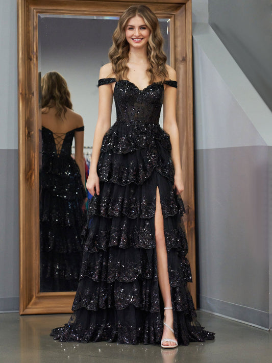 Black Princess A Line Off the Shoulder Corset Prom Dress with Lace Ruffles