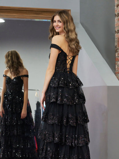 Black Princess A Line Off the Shoulder Corset Prom Dress with Lace Ruffles