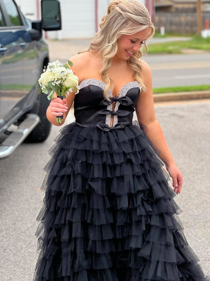 Peggy | Black Strapless Bow Ruffle Long Prom Dress with Slit