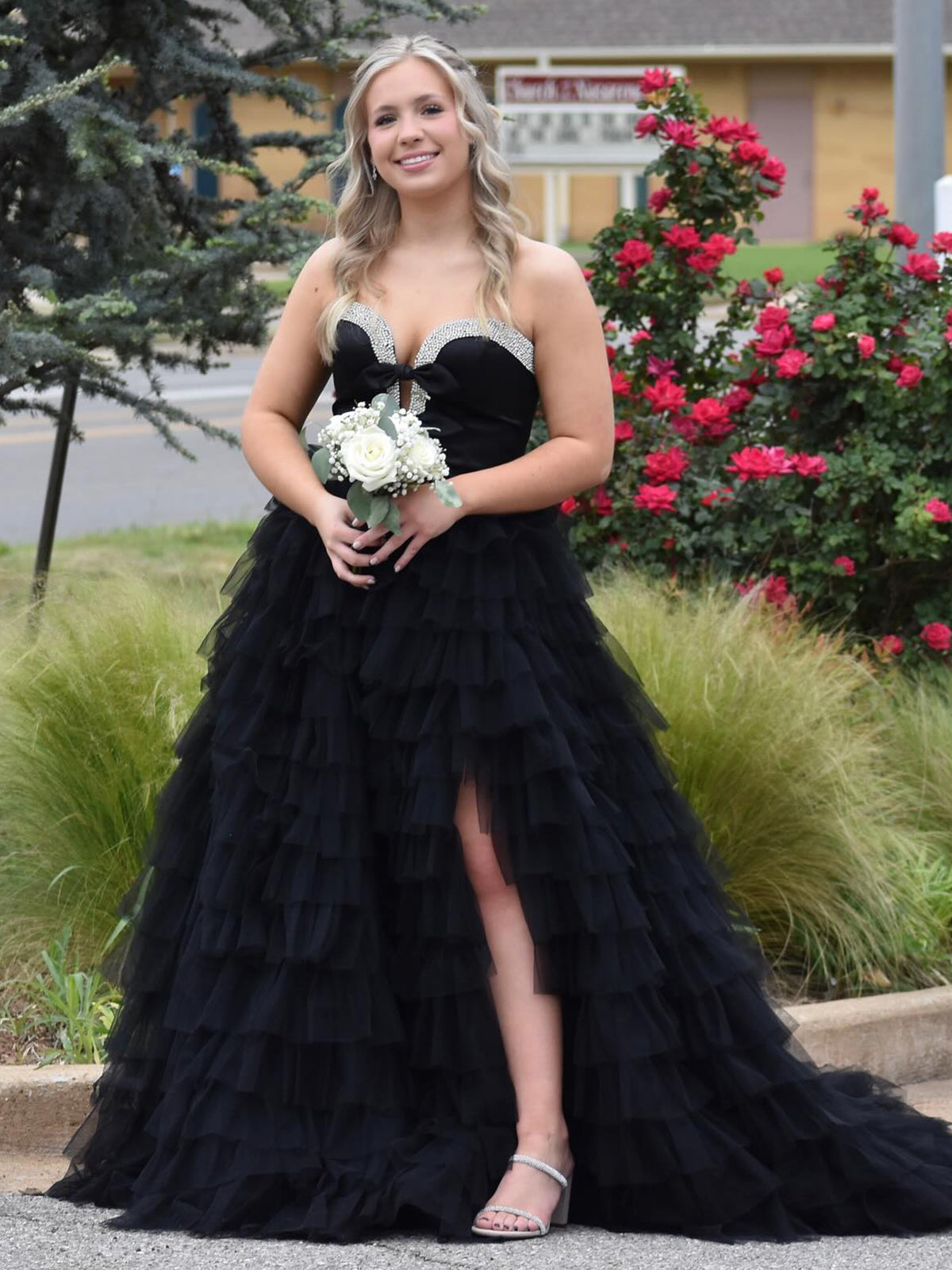 Peggy | Black Strapless Bow Ruffle Long Prom Dress with Slit