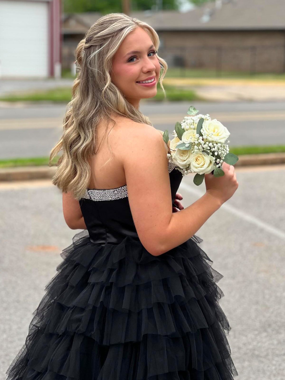 Peggy | Black Strapless Bow Ruffle Long Prom Dress with Slit