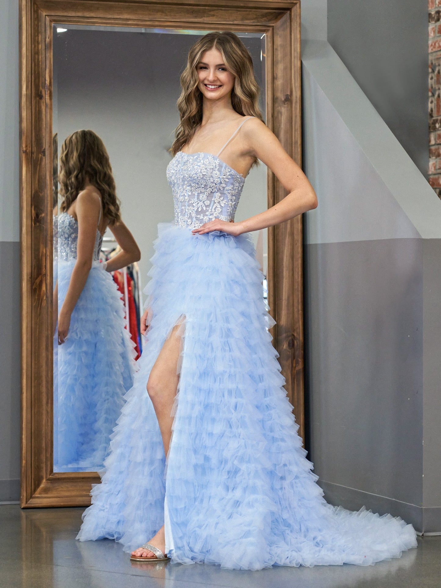 Jordan | Sky Blue A-Line Tiered Sequins Tulle Long Prom Dress