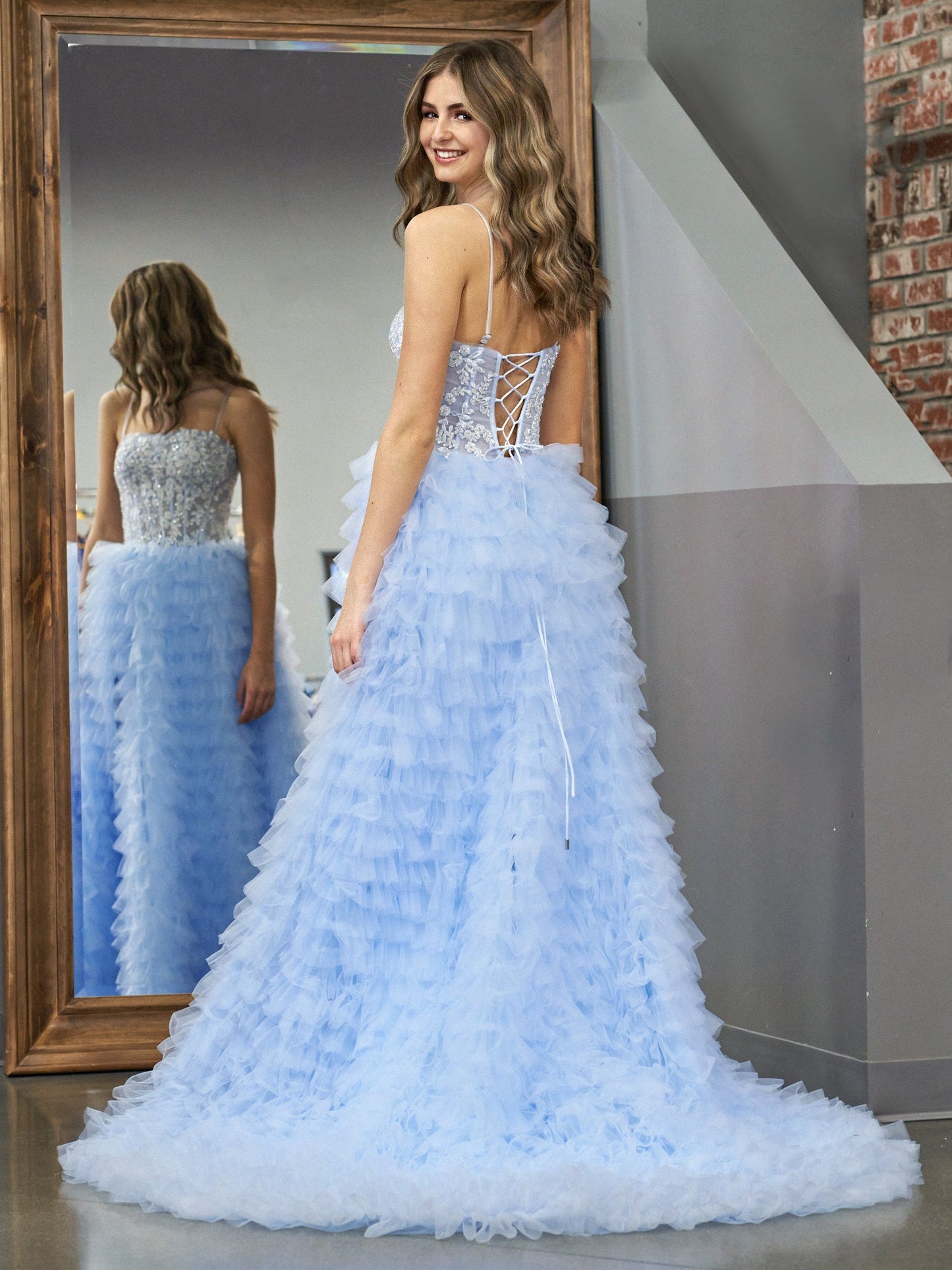 Jordan | Sky Blue A-Line Tiered Sequins Tulle Long Prom Dress