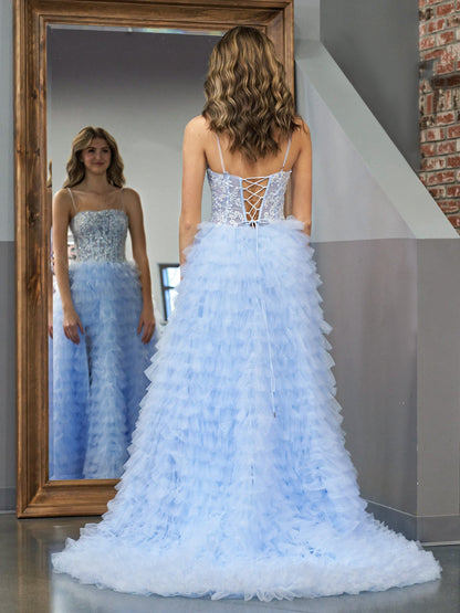 Jordan | Sky Blue A-Line Tiered Sequins Tulle Long Prom Dress