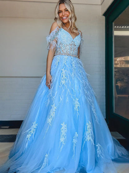 Amalia |A line V Neck Lace Tulle Prom Dress with Beading and Feather